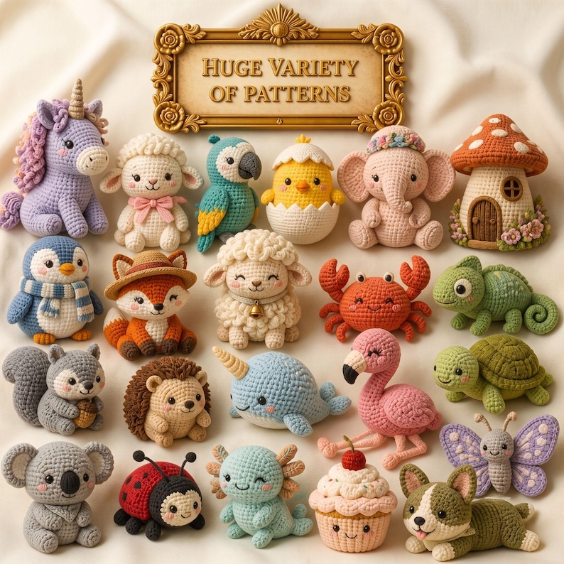 May include: A collection of twenty-one small, crocheted stuffed animals and figures, including a unicorn, sheep, parrot, chick, elephant, mushroom house, penguin, fox, crab, chameleon, squirrel, hedgehog, narwhal, flamingo, turtle, koala, ladybug, axolotl, cupcake, and butterfly, with a gold sign reading HUGE VARIETY OF PATTERNS.