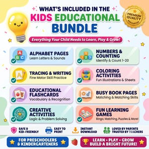 May include: A digital educational bundle for children featuring a lightbulb icon and a gold seal. It lists alphabet pages, numbers, tracing, coloring, flashcards, busy book pages, creative activities, and games with text labels and icons.