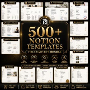 Pode incluir: Um pacote de produtos digitais com mais de 500 modelos Notion em um tema dourado e preto. O texto central diz 500+ NOTION TEMPLATES THE COMPLETE BUNDLE, cercado por painéis menores exibindo vários painéis organizacionais para uso pessoal, comercial e de gerenciamento de projetos.