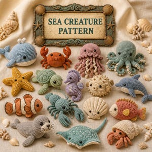 May include: A collection of various crocheted sea creatures including a whale, crab, jellyfish, octopus, starfish, turtle, seahorse, pufferfish, dolphin, clownfish, lobster, seashell, fish, seal, stingray, and hermit crab with a sign reading SEA CREATURE PATTERN.
