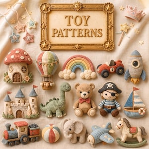 May include: A collection of crocheted toys including a mushroom house, hot air balloon, rainbow, race car, rocket, castle, dinosaur, teddy bear, pirate, sailboat, train, ball, elephant, aeroplane, and rocking horse, with a sign reading TOY PATTERNS.