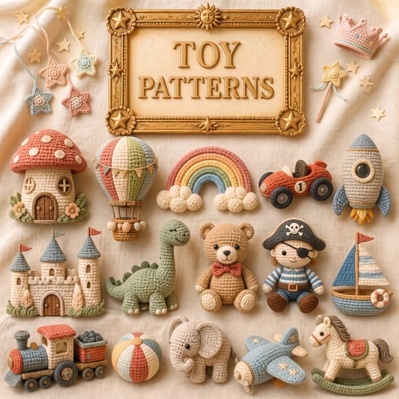 May include: A collection of crocheted toys including a mushroom house, hot air balloon, rainbow, race car, rocket, castle, dinosaur, teddy bear, pirate, sailboat, train, ball, elephant, aeroplane, and rocking horse, with a sign reading TOY PATTERNS.