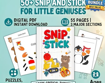 May include: A digital PDF activity bundle titled 50+ Snip and Stick for Little Geniuses, featuring 55 pages across 3 sections. The cover displays a ladybug, a yellow excavator, and a brown bear holding scissors, with additional activity pages showing a teddy bear, crab, and penguin.
