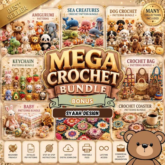 Mega  Amigurumi Crochet Patterns Bundle, Crochet  Bundle,  PDF Plushie Designs, Cute Animal Knitting Patterns, DIY Stuffed Toy Craft
