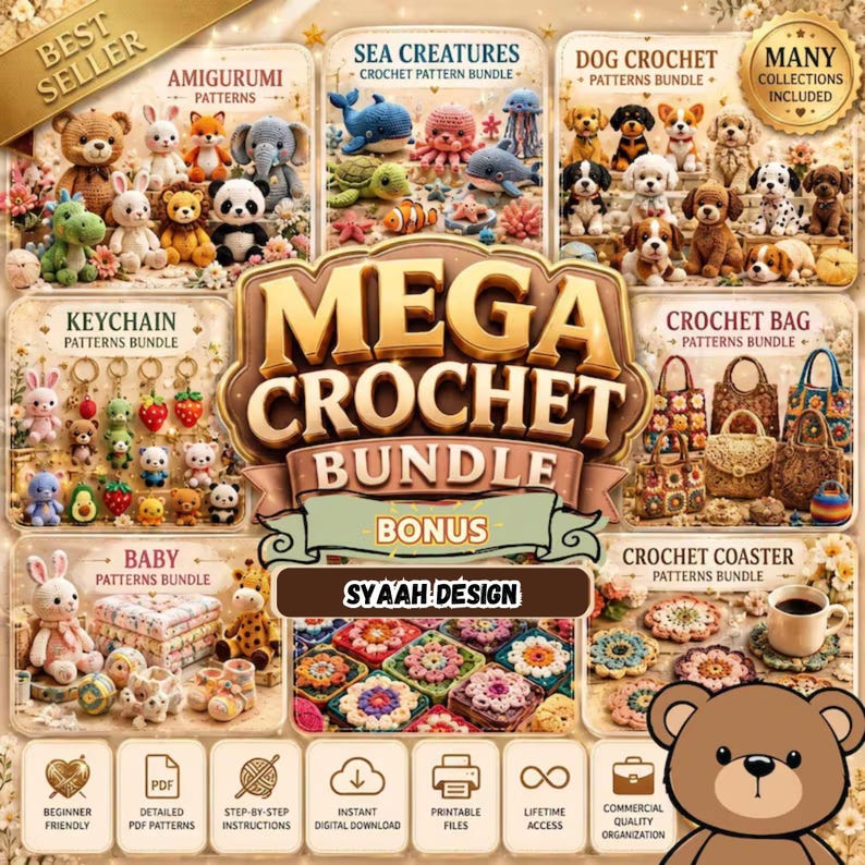 May include: A digital advertisement for a Mega Crochet Bundle by Syaah Design, featuring various amigurumi patterns, sea creatures, dog designs, keychains, bags, and coasters, with icons indicating PDF patterns, instant download, and lifetime access.