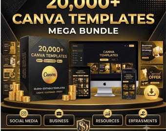 May include: A digital product bundle featuring 20,000+ Canva templates in a black and gold color scheme. The display includes a box, a computer monitor, a tablet, and a smartphone showing design layouts, alongside gold coins and download icons.