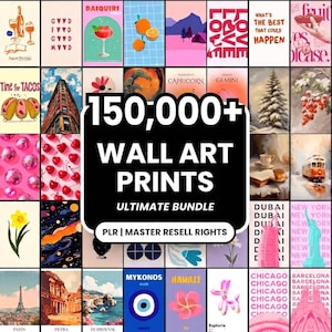 Puede incluir: Un collage digital de varias impresiones de arte mural con diversas ilustraciones, paisajes y tipografía. La superposición negra central muestra el texto blanco 150,000+ WALL ART PRINTS ULTIMATE BUNDLE PLR | MASTER RESELL RIGHTS en una fuente negrita.
