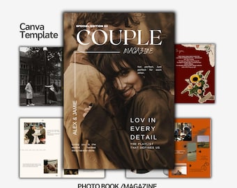 May include: A magazine cover with the title "COUPLE MAGAZINE" and the text "LOV IN EVERY DETAIL". The cover features a couple embracing. Additional pages show photos and text. The words "ALEX & JAMIE" are also visible.