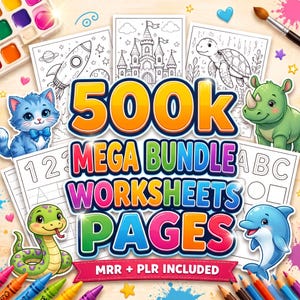Kids Learning Bundle 500,000+ PLR MRR | Homeschool Worksheets, Printable Activities, Preschool Busy Book, Coloring Pages Digital Download