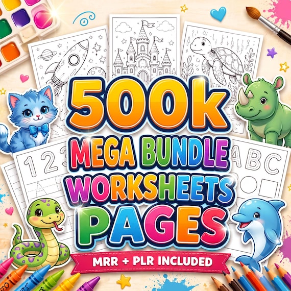 Kids Learning Bundle 500,000+ PLR MRR | Homeschool Worksheets, Printable Activities, Preschool Busy Book, Coloring Pages Digital Download