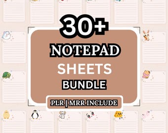 May include: A digital bundle of 30+ notepad sheets featuring various cartoon animal and food illustrations in the corners. The central brown rectangular graphic displays the text 30+ NOTEPAD SHEETS BUNDLE and PLR | MRR INCLUDE in bold black and white.