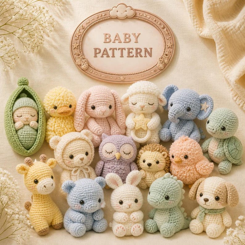 May include: A collection of small, handmade crochet stuffed animals including a baby in a pea pod, yellow duck, pink bunny, white lamb, blue elephant, green turtle, giraffe, owl, hedgehog, peach chick, blue bear, white rabbit, dinosaur, and puppy.