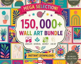 May include: A digital wall art bundle featuring 150,000+ printable designs. The central graphic displays the text 150,000+ WALL ART BUNDLE with icons for landscape, botanical, abstract, and line art. The background shows a collage of colorful prints.