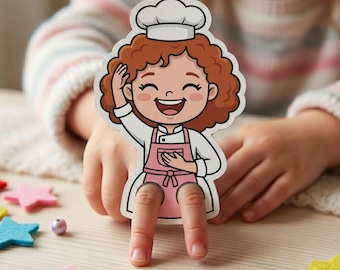 May include: A die-cut paper finger puppet featuring a cartoon chef with curly brown hair, a white chef hat, and a pink apron. The puppet has two circular cutouts at the bottom, allowing fingers to serve as the legs for the illustrated character.