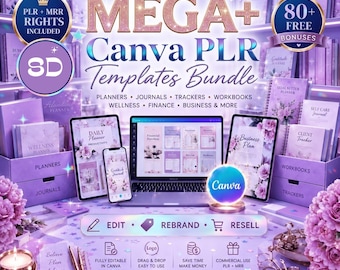 May include: A digital product bundle featuring the text The Ultimate Mega+ Canva PLR Templates Bundle, Planners, Journals, Trackers, Workbooks, Wellness, Finance, Business & More. Includes a laptop, tablets, and phone displaying editable templates.