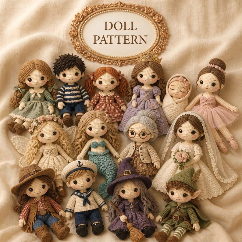 May include: A collection of thirteen crocheted dolls featuring various outfits and themes, including a mermaid, a bride, a witch, a sailor, and a cowboy. Above the dolls, an ornate gold frame contains the text DOLL PATTERN in dark brown letters.
