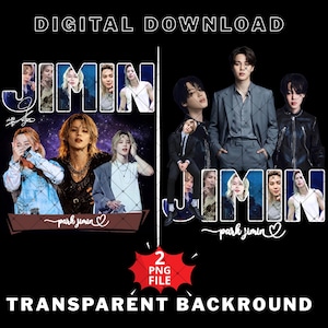 May include: A digital download featuring two separate image collages of Jimin. Each collage displays multiple photographs of the artist in various outfits and poses, with the text "JIMIN" and "park jimin" written in white script and block letters.