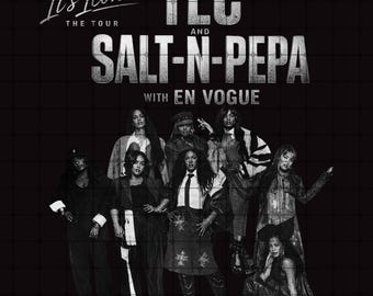 May include: A black and white promotional poster for It's Iconic The Tour featuring TLC, Salt-N-Pepa, and En Vogue. Seven individuals are posed in various outfits against a dark grid background, with the tour title and artist names in bold text.