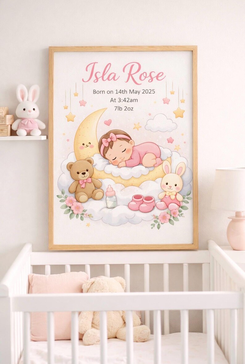 Personalised Baby Girl Birth Print Custom Name Date Time Nursery Wall ...