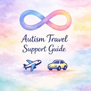 Puede incluir: Un gráfico de estilo acuarela que presenta un símbolo de infinito multicolor sobre el texto azul oscuro "Autism Travel Support Guide". Debajo del texto, un pequeño avión blanco y azul se sitúa a la izquierda de un coche amarillo sobre un fondo pastel.