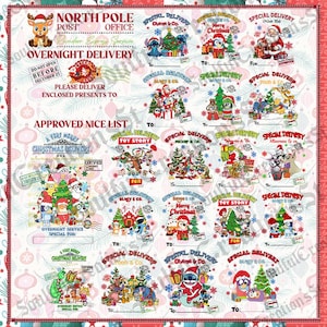 May include: A collection of North Pole Post Office Christmas gift tags featuring various cartoon characters, including Stitch, Mickey Mouse, and Bluey. Each tag includes the text Special Delivery, Approved Nice List, and blank lines for names.