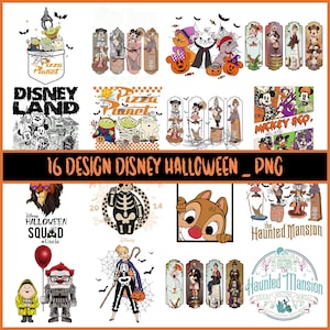 May include: A digital collection of 16 Disney Halloween-themed graphic designs featuring various characters like Mickey Mouse, The Haunted Mansion, Pizza Planet aliens, and other figures in costumes, all displayed on a white background with text.