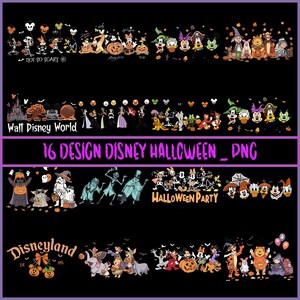 May include: A digital collection of 16 Halloween-themed Disney character designs featuring various figures in costumes, pumpkins, and festive motifs. The graphics include text such as Not So Scary, Walt Disney World, Halloween Party, and Disneyland.