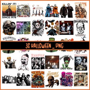 May include: A digital collection of 30 Halloween-themed PNG graphic designs featuring various horror movie characters, iconic villains, spooky illustrations, and text elements like Killin It, Spooky Season, and The Slayers for creative projects.