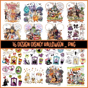 Puede incluir: Una colección digital de 16 diseños de Disney para Halloween con varios personajes como Winnie the Pooh, Mickey Mouse y villanos clásicos disfrazados, junto a calabazas, siluetas de castillos y marcos temáticos.