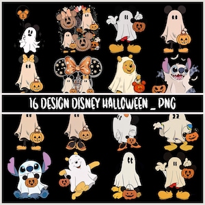 May include: A collection of 16 digital graphic designs featuring cartoon characters dressed as ghosts for Halloween, including Mickey Mouse, Minnie Mouse, Winnie the Pooh, and Stitch, all holding orange jack-o'-lantern buckets. Text reads 16 DESIGN DISNEY HALLOWEEN _ PNG.