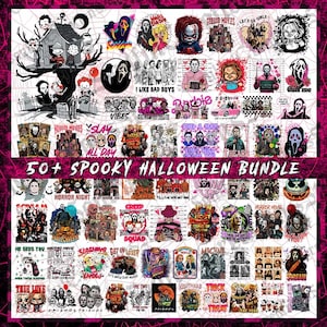 May include: A digital collection of over 50 spooky Halloween-themed graphic designs featuring various horror movie characters, iconic villains, and festive text elements. The bundle includes colorful and black-and-white illustrations.