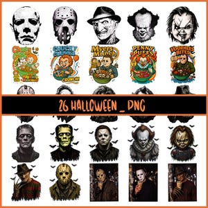 May include: A digital collection of 26 Halloween-themed PNG graphics featuring iconic horror movie characters. The set includes stylized illustrations of masked figures, clowns, and dolls, some depicted as cereal box mascots with text.