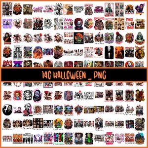 May include: A digital collection of 140 Halloween-themed PNG graphic designs featuring various horror movie characters, iconic slasher villains, and spooky illustrations with text elements, presented in a grid layout for creative projects.