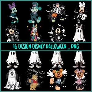 May include: A collection of 16 digital graphic designs featuring Disney characters in Halloween costumes, including skeletons, ghosts, and pumpkin heads. The text 16 DESIGN DISNEY HALLOWEEN _ PNG is centered in the middle of the black background.