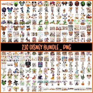 May include: A digital collection of 230 Disney-themed Halloween graphics featuring various characters in costumes, pumpkins, and seasonal motifs. The bundle includes colourful illustrations of mice, aliens, and vehicles with text overlays.
