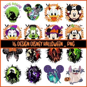 May include: A collection of 16 digital graphic designs featuring Disney characters in Halloween themes, including Mickey Mouse, Donald Duck, Goofy, and Stitch, with text reading 16 DESIGN DISNEY HALLOWEEN _ PNG across the center of the image.