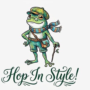 Rana divertida vintage con bufanda y gorra, salta con estilo. Descarga digital.