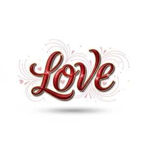 Pode incluir: Escrita "Love" vermelha brilhante com borda dourada e efeito de sombra. Delicados redemoinhos rosa e corações adornam a palavra em um fundo branco. Um design romântico para o Dia dos Namorados ou outras celebrações.