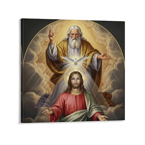 May include: A religious painting depicting three figures: an older man with a white beard and a younger man with long hair, with a dove between them. The older man wears a gold robe, and the younger man wears a red robe. The background features clouds and a golden light.