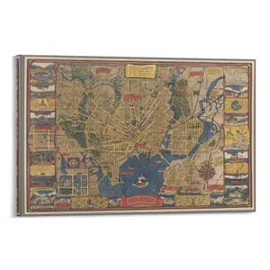 May include: A framed vintage map of New Haven, Connecticut, featuring a detailed street layout in yellow and brown. The map includes illustrations of landmarks and a banner that reads "New Haven". The map is framed in a gray border.