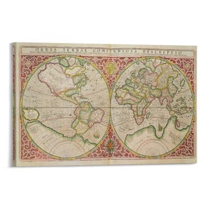 May include: A vintage world map print featuring the title "ORBIS TERRAL COMPENDIOSA DESCRIPTIO" in a decorative frame. The map displays continents in shades of beige, green, and red, with intricate details and a compass rose.
