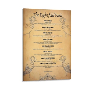 May include: A canvas print featuring "The Eightfold Path" in elegant calligraphy. The artwork has a vintage, parchment-like background with illustrations of hands and lotus flowers. The text describes the eight principles of the path.