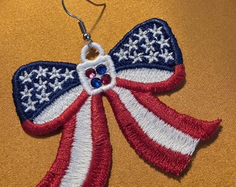 Bling patriotic, 4th of July free standing lace embroidered bow dangle earrings with blue and red rhinestones, surgical steel hooks