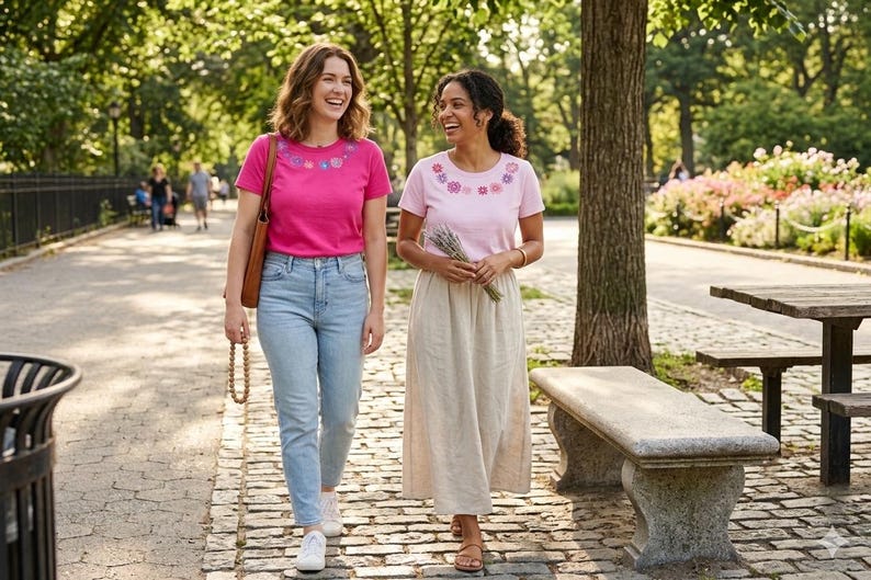 Pode incluir: Duas mulheres caminham por um caminho pavimentado num parque, ambas usando camisetas de manga curta com bordados florais ao redor da gola. Uma &eacute; rosa, a outra rosa claro. Uma mulher usa jeans azuis, a outra uma saia longa bege.