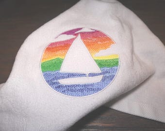 16 x 23 inch embossed embroidered sailboat/sunset nautical full sized velour/terry 100% cotton hand towel