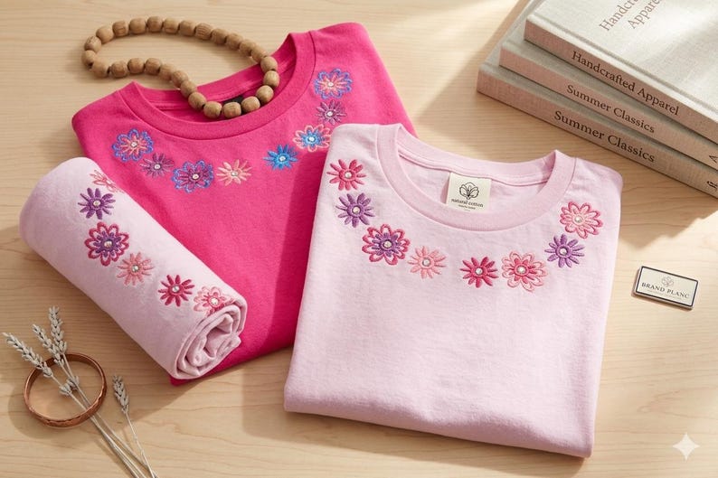 Pode incluir: Duas camisetas, uma rosa e outra rosa claro, com desenhos florais bordados ao redor da gola. Uma toalha rosa enrolada com bordados combinando est&aacute; ao lado das camisas. Um colar de contas de madeira e livros tamb&eacute;m est&atilde;o na imagem.