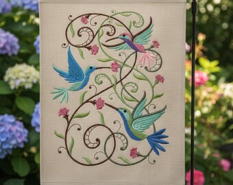 Fully handmade double sided embroidered hummingbird/monogram garden flag 12 x 18 inches