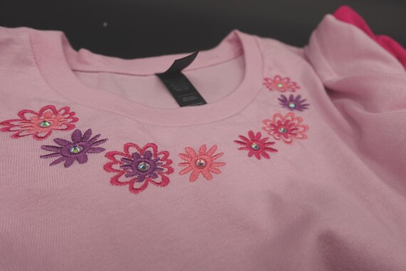 Womens bedazzled bling crew neckline embroidered tee shirt; daisies and rhinestones, ultra blend cotton tee