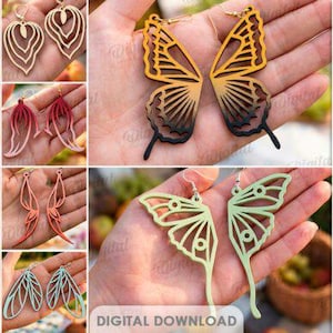 May include: A collection of 10 earring designs featuring laser-cut butterfly and insect wing shapes in various colors and gradients. The image includes text stating 10 DESIGNS, SUITED FOR ANY MATERIAL THICKNESS, DXF, EPS, PNG, PDF, JPG, SVG, and DIGITAL DOWNLOAD.