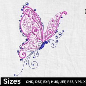 Puede incluir: Diseño de bordado detallado de una mariposa con intrincados patrones en tonos rosa y azul sobre fondo blanco. Incluye el texto "3 Tamaños" y abreviaturas de tipos de archivo. Perfecto para proyectos de bordado.